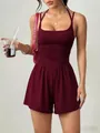 Chic burgundy ruched waist spaghetti strap romper with wide leg shorts for summer - XS / Top And Bottom / Burgundy