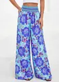 Pantalon large à taille haute confortable avec un imprimé floral bleu éclatant pour l'été - Imprimé Vert Bleu
