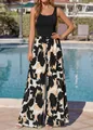 Sommerlicher ärmelloser Jumpsuit mit schwarzem Top und weit geschnittener Print-Hose - S / Oberteil Und Unterteil / Beige und schwarzer Druck