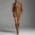 Elegantes braunes Langarm-Minikleid aus Wildleder mit Reißverschluss - S / Oberteil Und Unterteil / Camel