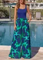 Sommerlicher ärmelloser Overall mit eckigem Ausschnitt und weitem Bein mit Blattmuster - S / Oberteil Und Unterteil / Blau mit grünem Blumenmuster