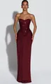 Elegantes burgunderrotes Pailletten-Maxikleid mit Korsett und Perlenstickerei - XS / Oberteil Und Unterteil / Burgunderrot
