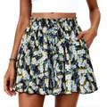 Lässige A-Linien-Shorts mit hoher Taille, blauem Blumendruck und verstellbarem Kordelzug - S / Unterteile / Blau Klein Blumenmuster