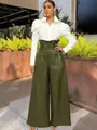 Stylish high-waisted olive green PU leather wide-leg pants with decorative belt detail - S / Bottoms / Olive Green