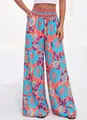 Pantalon large à taille haute et imprimé floral en orange et turquoise pour l'été. - Rouge avec Imprimé Floral Bleu