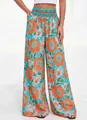 Pantalon large taille haute pour femme avec imprimé floral orange vif pour l'été - Imprimé Vert Orange