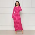 Elegant long sleeve bodycon maxi dress featuring a vibrant irregular pink abstract pattern - S / Bottoms / Rose Red
