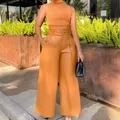 High-waisted camel PU leather wide-leg trousers with matching belt for women fashion - S / Bottoms / Yellow