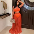 Sexy oranje driedelige zwemset met tubetop en lange geplooide rok van mesh gaas - S / Boven- En Onderstuk / Oranje