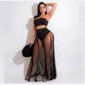Sexy driedelige strandset met zwarte geplooide maxi-rok van mesh en strapless top. - S / Boven- En Onderstuk / Zwart