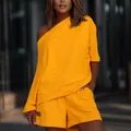 Vibrant orange two-piece loungewear set featuring an off-shoulder top and matching shorts. - S / Top And Bottom / Yellow