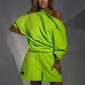 Trendy neon green two-piece sweatshirt and shorts set with off-the-shoulder design - S / Top And Bottom / Green