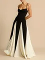Elegant black and white contrast paneling evening gown featuring thin straps and pleated hem - S / Top And Bottom (M0305) / White