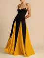 Elegant spaghetti strap evening gown with black and yellow color-block pleated skirt - S / Top And Bottom (M0305) / Sunflower Yellow