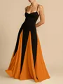 Elegant black and orange spliced maxi evening gown with spaghetti straps and sweetheart neck. - S / Top And Bottom (M0305) / Orange Red