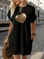Close-up of women's black t-shirt dress with gold heart sequin embroidery detail - S / Top And Bottom / Black