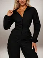 Stilvoller schwarzer langärmeliger Damen-Cargo-Jumpsuit mit Pattentaschen und Reißverschluss - S / Oberteil und Hose / Schwarz