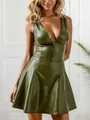 Close-up of olive green PU leather dress with V-neck zipper and A-line skirt detail. - S / Top And Bottom / Green