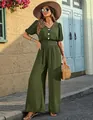Elegant olive green short sleeve v-neck jumpsuit with wide leg design for women - S / Top And Bottom / Olive Green