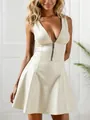 Detailed macro view of sexy V-neck PU leather A-line dress with front zipper design - S / Top And Bottom / White