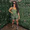 Fashionable woman wearing olive green two-piece set with tank top and casual shorts - S / Top And Bottom / Army Green
