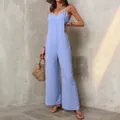 Solid light blue sleeveless camisole jumpsuit with a stylish wide-leg fit for women - S / Top And Bottom / Light Blue