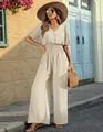 Elegant beige short-sleeved jumpsuit with high waist elastic and wide-leg design for women - S / Top And Bottom / Ivory