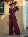 Elegant burgundy short-sleeved wide-leg jumpsuit with cinched waist design for women - S / Top And Bottom / Burgundy