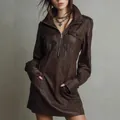 Detailed view of women's brown PU leather long sleeve dress with zipper and pockets - S / Coffee