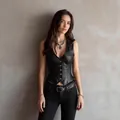 Front view of stylish black PU leather vest with metal buttons and deep V-neckline - S / Tops / Black