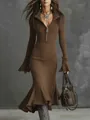 Detail of brown ribbed fishtail dress featuring zipper lapel and flared sleeves - S / Dark Brown