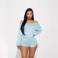 Casual light blue off-shoulder long sleeve ruched drawstring romper for women - Light Blue
