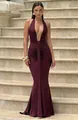 Elegant dark burgundy halter deep V evening gown with ruched waist and mermaid silhouette - XS / Burgundy