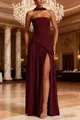 Elegant burgundy strapless evening gown featuring high slit and halter neck ribbon - XS / Top And Bottom / Burgundy