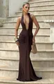Elegant dark brown halter deep V-neck maxi dress with ruched details and open back. - XS / Coffee