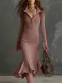 Robe longue sophistiquée en maille côtelée mauve avec col zippé et manches cloches évasées - Rose Foncé
