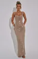 Elegante Vollansicht eines funkelnden champagnerfarbenen Abendkleids mit Pailletten - XS / Gold