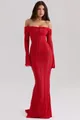 Elegantes rotes Abendkleid aus Spitze mit schulterfreiem Design und ausgestellten Ärmeln. - XS / Rot