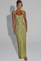 Robe longue glamour en maille à paillettes vert citron, col carré et coupe moulante élégante - Vert olive