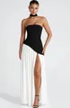 Elegant strapless evening dress with black top, white high slit skirt and choker accessory. - XS / Top And Bottom / Black and White