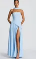 Front view of light blue strapless evening gown with high slit and halter neck scarf - Sky Blue