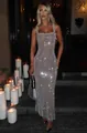 Detailansicht eines funkelnden Pailletten-Netz-Abendkleids in figurbetonter Form - S / Silber