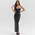 Elegant black faux leather strapless bodycon maxi dress perfect for evening parties - XS / Top And Bottom / Black