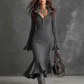 Sexy grey metallic knit fishtail dress featuring a zip lapel and elegant flared sleeves - S / Dark Gray