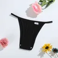 Black ribbed cotton thong for women, breathable T-back underwear with floral props - Black