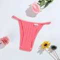 Soft and breathable pink ribbed cotton thong with low waist and sweet embroidery detail - Pink Red