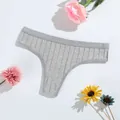 Grey ribbed pure cotton thong for women, low waist breathable and very soft fabric - Gray