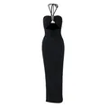 Elegant black halter neck maxi dress with 3D gold decoration and waist cutout details - S / Top And Bottom / Black