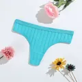 Comfortable turquoise ribbed thong for women with low-rise breathable cotton crotch - Medium Blue