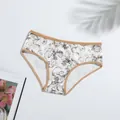 Breathable milk silk women's briefs with vintage floral print and elegant brown trim - White Geometric Print